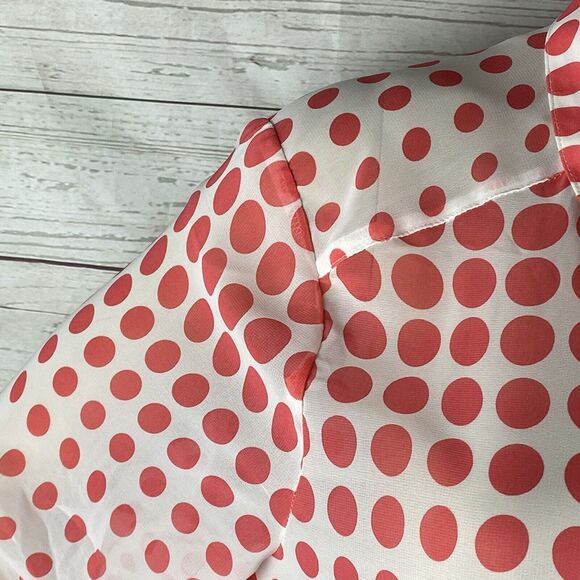 I.N. Studio Blouse XL Sheer White Pink Polka Dot Roll Tab Sleeves - Picture 3 of 12